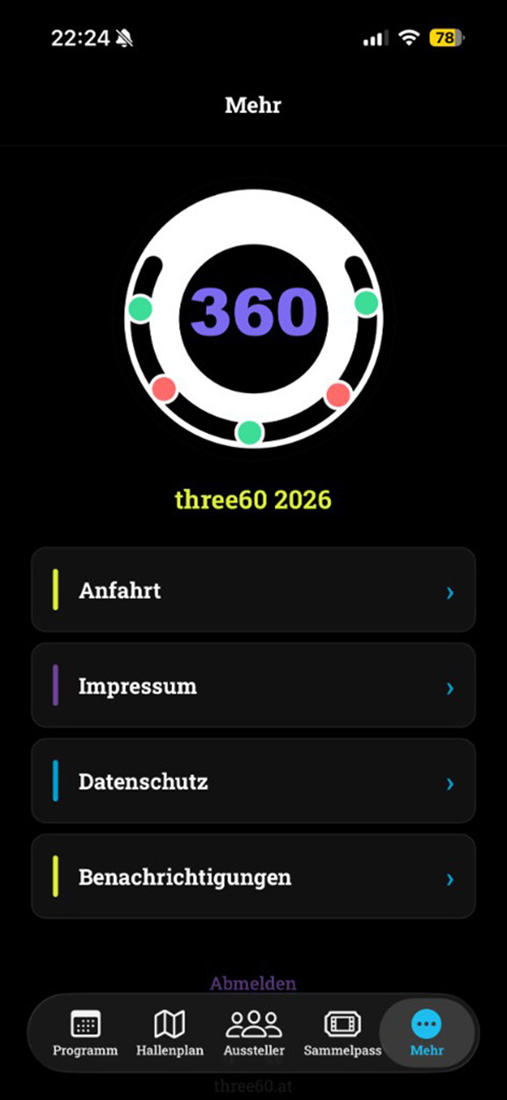 Screenshot: three60 Mehr-Menü mit Anfahrt und rechtlichen Infos